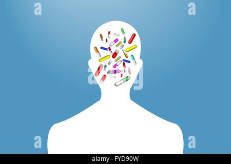 The head of the man is full of drugs. The white silhouette of man on the blue gradient background. Stock Vector