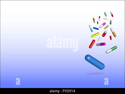 Falling colored capsules of drugs.  The lowest is the biggest capsule in blue. All is on the white and blue gradient background. Stock Vector