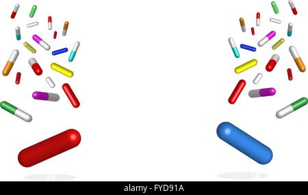 Falling colored capsules of drugs are on the left and right edge of the vector. All is isolated on the white background Stock Vector
