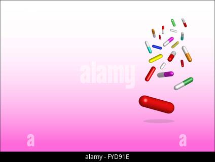 falling colored capsules of drugs.  The lowest is the biggest capsule in blue. All is on the white and pink gradient background. Stock Vector