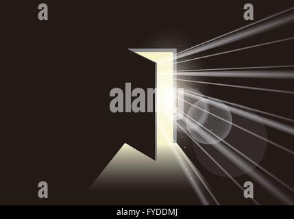 Door opening to show a bright light in the darkness. Bright light through the open door. Freedom and ultimate goal concept. Stock Vector