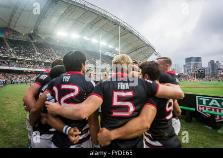 The Hong Kong team huddle during the 2016 HSBC / Cathay Pacific Hong ...