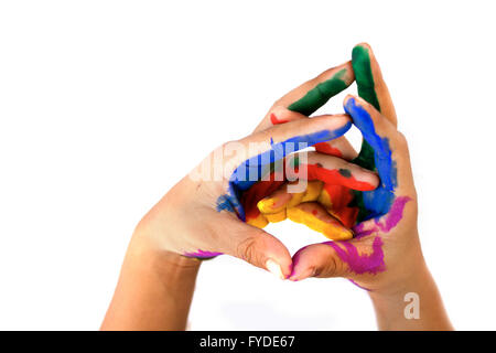 painted hand in many colors Stock Photo