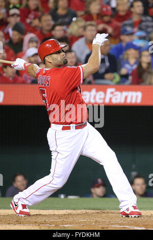 Anaheim, California, USA. 25th Apr, 2016. Los Angeles Angels designated hitter Albert Pujols #5 hits his 564th homer taking sole passing Reggie Jackson for 13th on the home run career leaders board in the game between the Kansas City Royals and Los Angeles Angels of Anaheim, Angel Stadium in Anaheim, CA. Credit:  Cal Sport Media/Alamy Live News Stock Photo