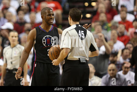 Portland, Oregon, USA. 25th April, 2016. CHRIS PAUL talks about a call to the ref. The Portland Trail Blazers hosted the Los Angeles Clippers at the Moda Center on April 25, 2016. 25th Apr, 2016. Credit:  David Blair/ZUMA Wire/Alamy Live News Stock Photo