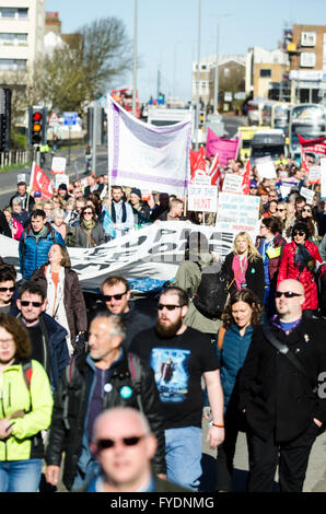 Brighton, UK. 26th April 2016. Sussex Defend The NHS March to Royal Sussex County Hospital from the Brighton Centre, the venue for the Unison Health Conference. The rally, supported by Unison delegates, is in support of the Junior Doctors strike that sees them withdrawing labour for 18 hours from 8am-5pm on 26 & 27 April. Credit:  Francesca Moore/Alamy Live News Stock Photo
