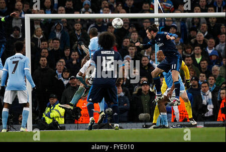 The Etihad, Manchester, UK. 26th Apr, 2016. UEFA Champions League. Manchester City versus Real Madrid. Manchester City versus Real Madrid. Real Madrid's Welsh midfielder Gareth Bale (11) rises to win a header in the City area. Credit:  Action Plus Sports/Alamy Live News Stock Photo