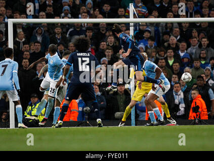 The Etihad, Manchester, UK. 26th Apr, 2016. UEFA Champions League. Manchester City versus Real Madrid. Real Madrid's Welsh midfielder Gareth Bale (11) rises to win a header in the City area. Credit:  Action Plus Sports/Alamy Live News Stock Photo