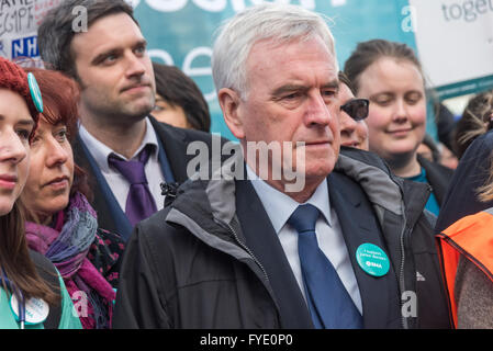 London, UK. 26th April, 2016. Shadow Chancellor John McDonnell at the front of the march by junior doctors and teachers from St Thomas' Hospital to Downing St at the end of rhe first day of the two-day strike by Junior Doctors.  Peter Marshall/Alamy Live News Stock Photo