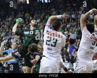 Action from Berlin Füchse pro-handball match against HSG Wetzlar on 17th April 2016 at the Max Schmeling Halle Berlin, Germany Stock Photo