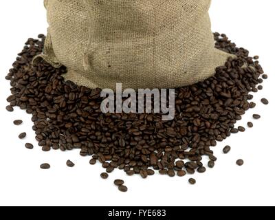 Coffee beans around a hessian bag isolated on white Stock Photo