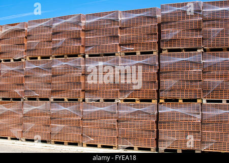 Many new bricks on stacked and foiled pallets, ready for transport and use. Stock Photo