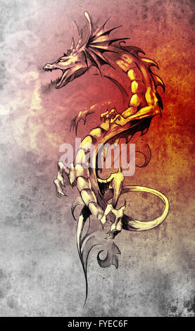 Sketch of tattoo art, big medieval dragon, fantasy concept over colorful paper Stock Photo