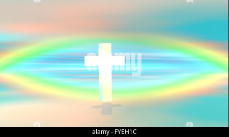 White cross floating in a colored sky with rainbow Stock Photo