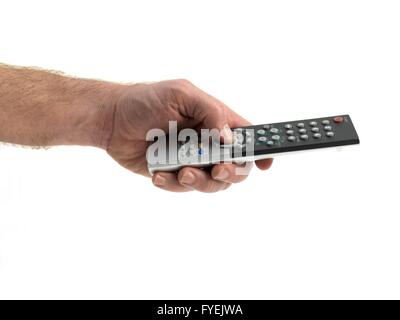 A remote control held in the hand isolated against a white background Stock Photo