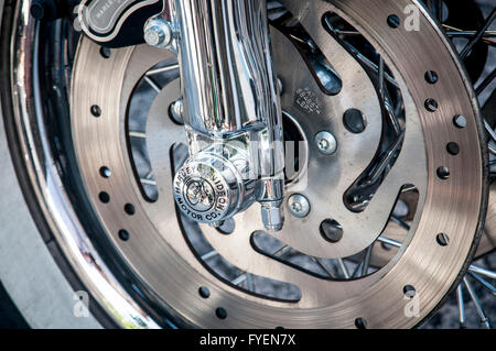 Harley Davidson motorcycle front wheel. Stock Photo