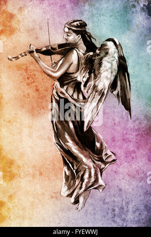 Sketch of tattoo art, angel with violin over colorful background Stock Photo