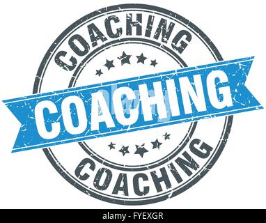 coaching blue round grunge vintage ribbon stamp Stock Vector