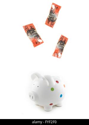 Twenty dollar notes and a piggy bank isolated against a white background Stock Photo