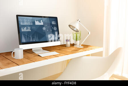 3d generated minimalist workspace with stock on computer screen computer and copyspace. 3d illustration. all screen graphics are Stock Photo