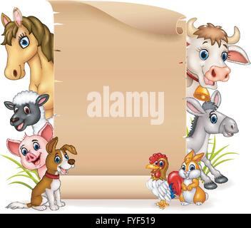 Cartoon funny farm animals with blank sign Stock Vector