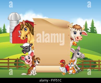 Cartoon farm animals with blank sign Stock Vector