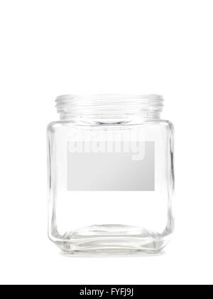 An empty jar with a blank labelisolated against a white background Stock Photo