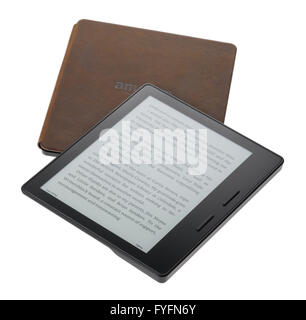 Amazon Kindle Oasis with brown leather case. Stock Photo