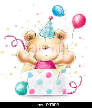 Teddy bear with the gift.Happy Birthday card.Background with bear and gifts and balloons.Party invitation Stock Photo