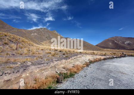 landscape of dry mountain range at Lindis Pass, the highest highway, in NewZealand