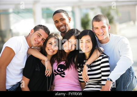 Young group of friends hanging out in the city Stock Photo