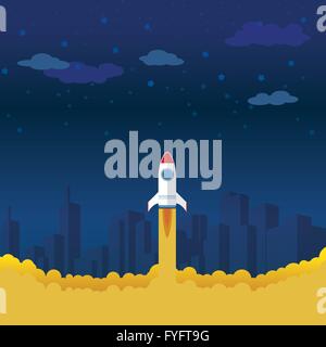 Rocket Launch in the city at the night with yellow smoke Stock Vector