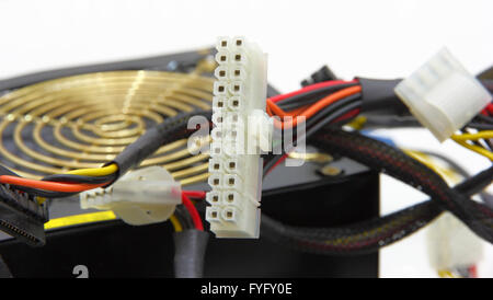 Computer motherboard power lines. Color cables Stock Photo