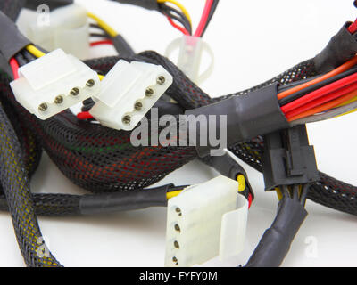 Computer motherboard power lines. Color cables Stock Photo