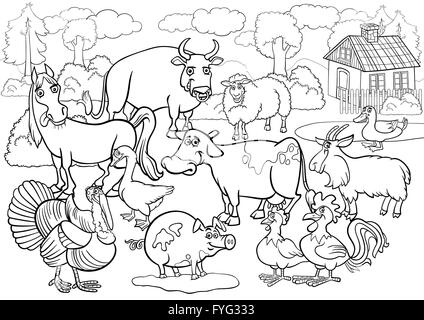 farm animals cartoon for coloring book Stock Photo