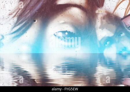 Background wall with graffiti reflection in  water, artistic urban picture Stock Photo