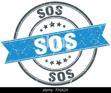 sos blue round grunge vintage ribbon stamp Stock Vector