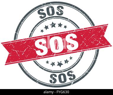 sos red round grunge vintage ribbon stamp Stock Vector