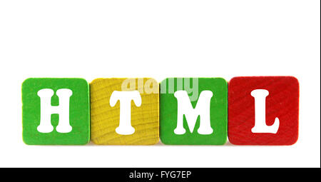 html - isolated text in wooden building blocks Stock Photo