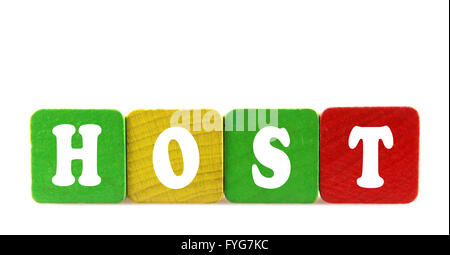 host - isolated text in wooden building blocks Stock Photo