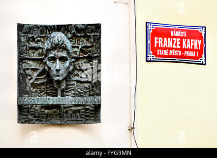 Prague, Czech Republic. Plaque with bust of Franz Kafka (Czech author: 1883-1924) in Franz Kafka Square (Namesti Franze Kafky).. Stock Photo