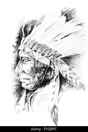 Sketch of tattoo art, native american indian head, chief, isolated Stock Photo