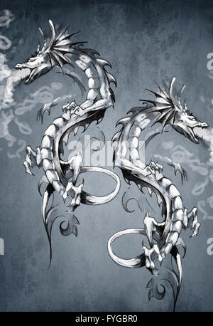 Two fantasy dragons, tattoo art Stock Photo