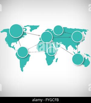 World Map with Circle Information Marks on Grayscale Stock Vector
