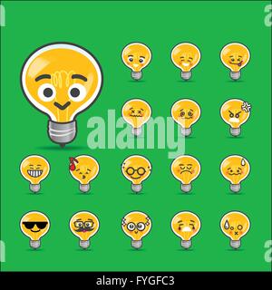 Collection of difference emoticon bulb lamp cartoon vector illustration Stock Vector
