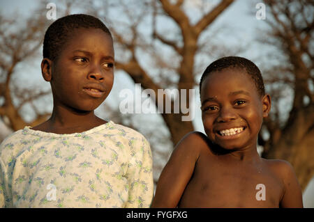 Portrait of two african kids in Chembe village, Cape Maclear, Malawi Stock Photo