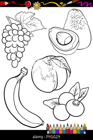 Coloring book, page set. Fruits collection. Sketch and color version ...