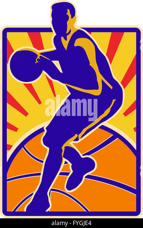 Basketball Player Dribbling Ball Retro Stock Photo