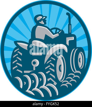 Illustration of a farmer plowing with vintage tractor viewed from the ...