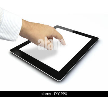 a hand touching a tablet pc empty Stock Photo
